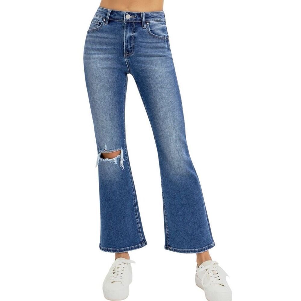 Risen High Rise Distressed Knee Crop Flare Jeans NWT